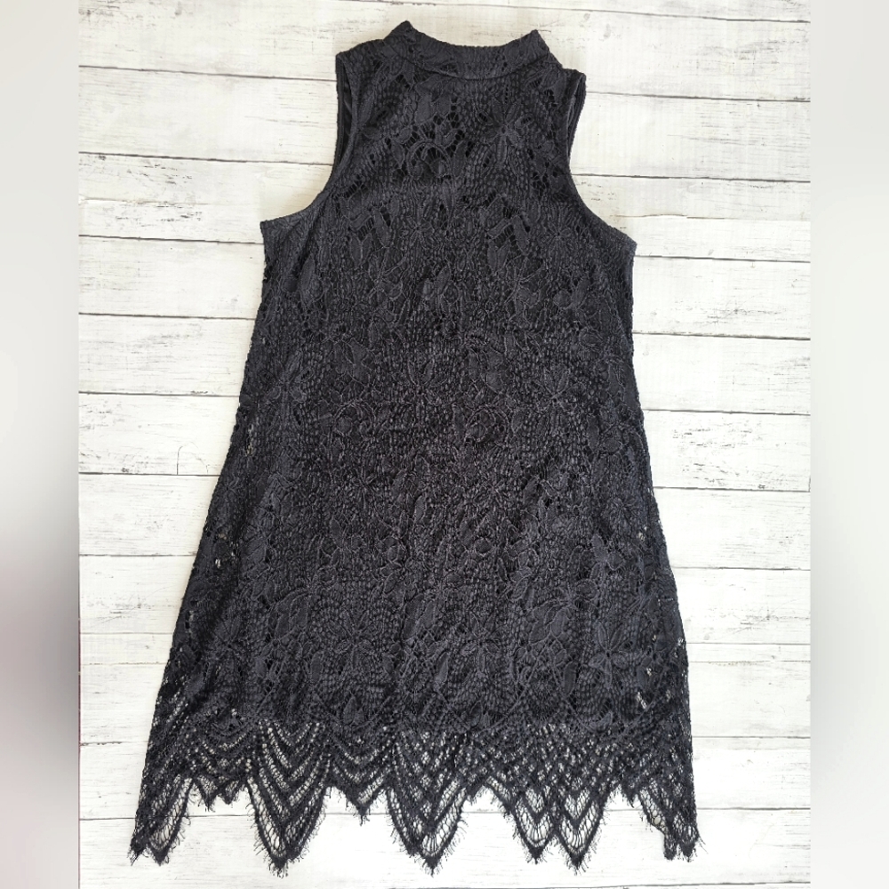Love Fire Black Soft Lace Tank Dress Mock Neck Asymmetrical Lace Crochet - Picture 2 of 10